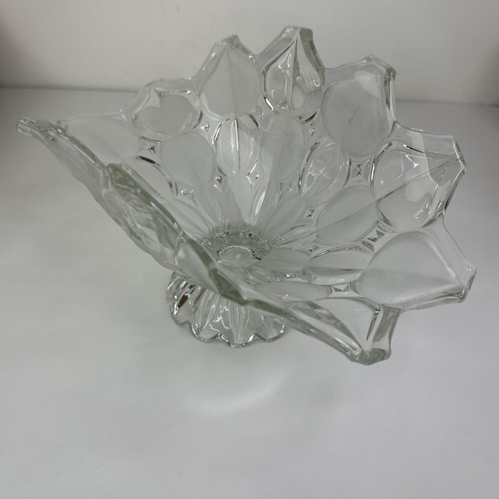 Vintage Clear/Frosted Flower Petal Fruit Bowl Basket with Foot Pedestal 13"x7"